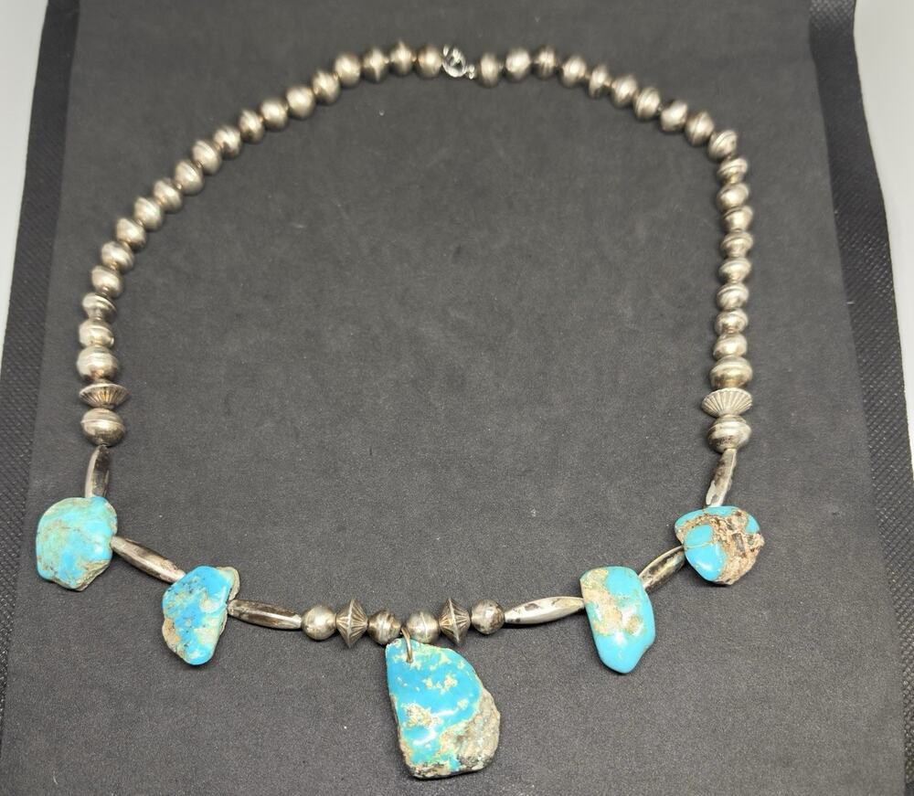 20” NAVAJO Native American STERLING Oxidized Old Pawn BEAD Turquoise Necklace